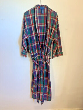 Vintage Robe Mens L XL Tartan Plaid Flannel Belted Loungewear Fisherman Coastal